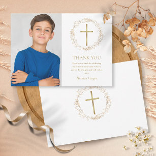 First Holy Communion Gold Floral Garland Photo Thank You Card