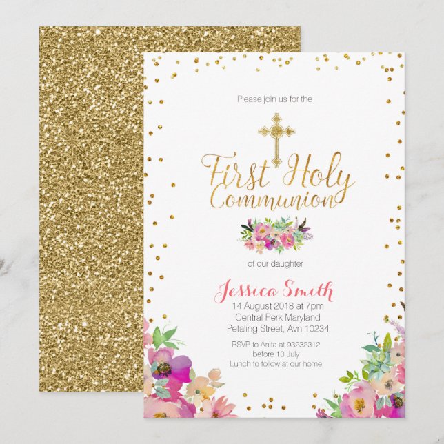 First Holy Communion Gold floral invite (Front/Back)