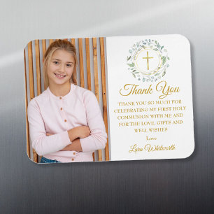 First Holy Communion Gold Greenery Photo Thank You Magnet