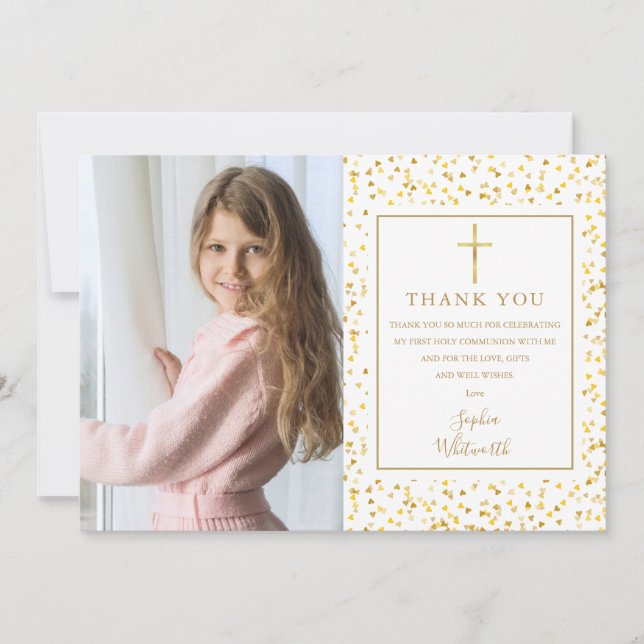First Holy Communion Gold Hearts Confetti Photo Thank You Card (Front)