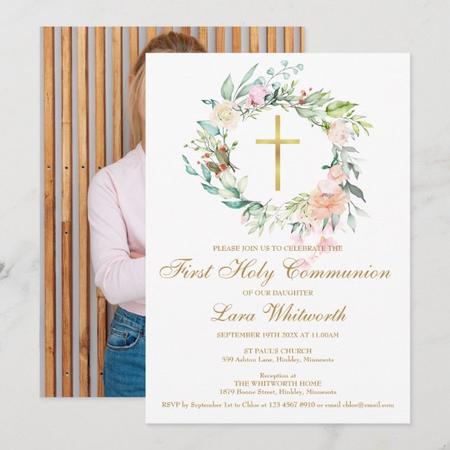 First Holy Communion Gold Watercolor Floral Photo Invitation (Front/Back)