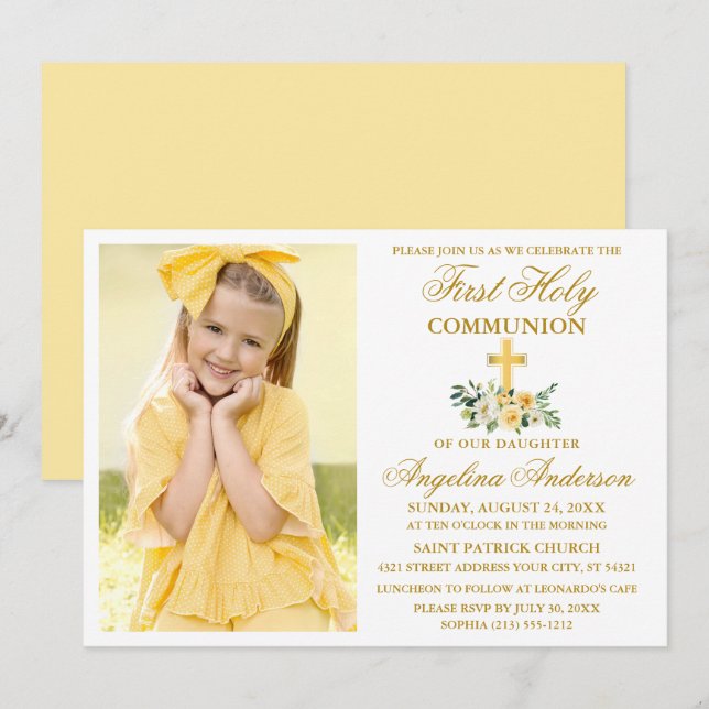 First Holy Communion Gold Watercolor Yellow Floral Invitation (Front/Back)