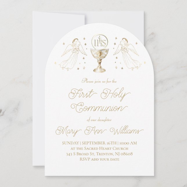 First Holy Communion golden angels Invitation (Front)