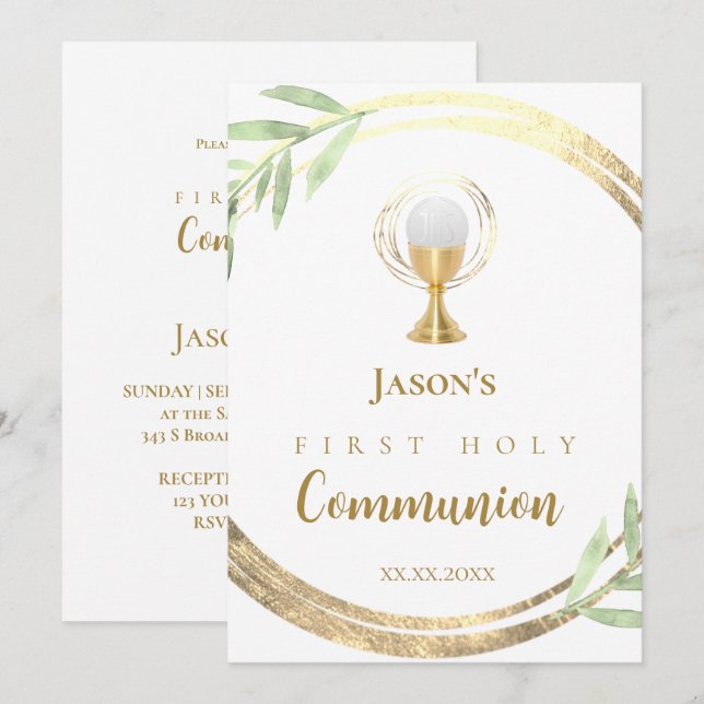First Holy Communion golden circle green leaves Invitation (Front/Back)