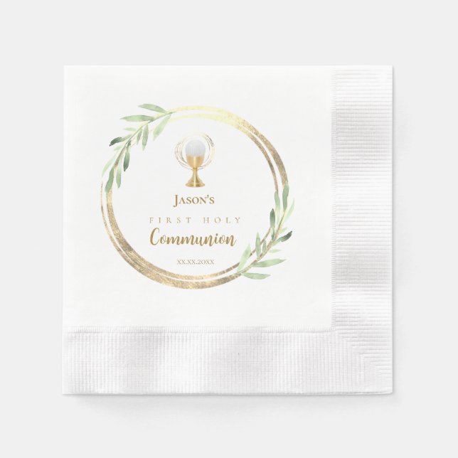 First Holy Communion golden circle green leaves Napkin (Front)