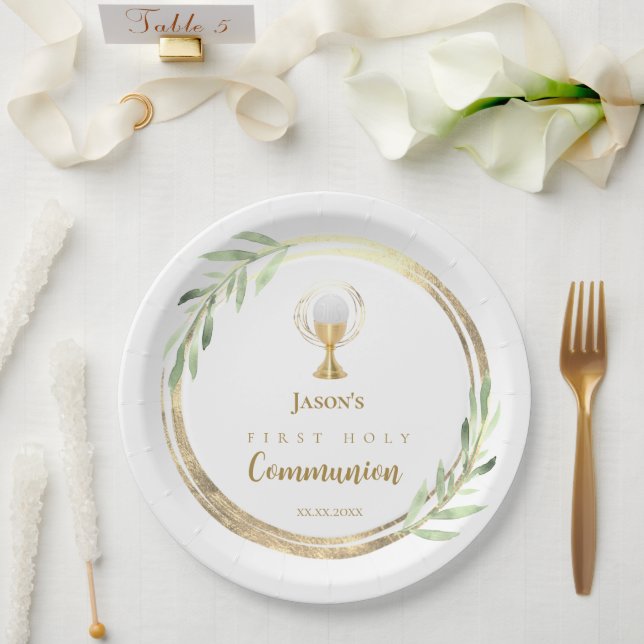 First Holy Communion golden circle green leaves Paper Plate (Wedding)