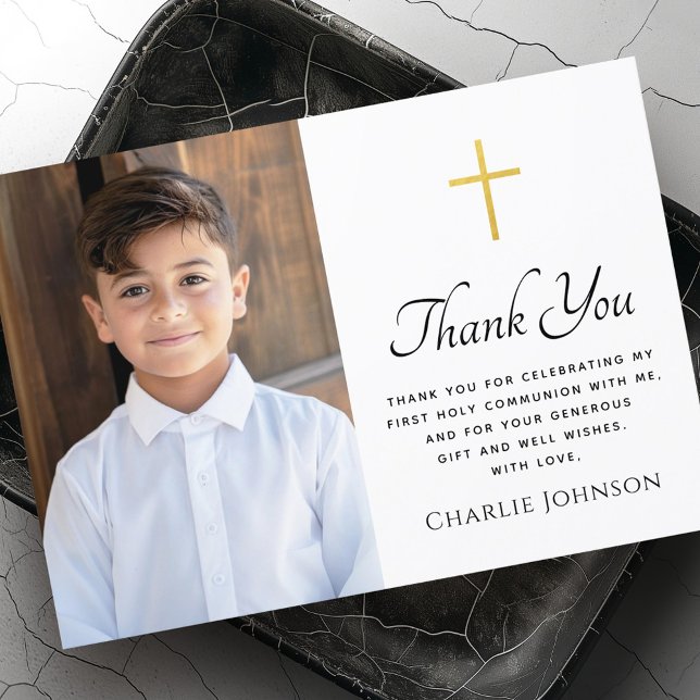 First holy communion golden gradient cross photo thank you card (First holy communion golden gradient cross photo thank you card)