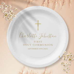First Holy Communion Golden Signature Script Paper Plate