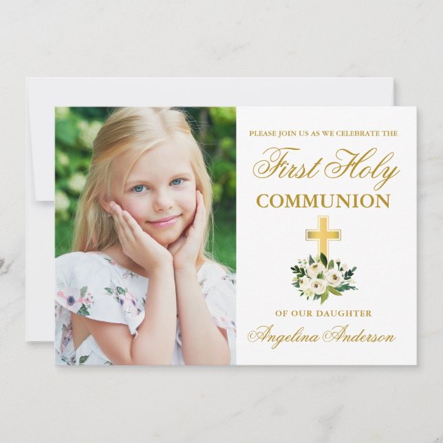 First Holy Communion Green Floral Photo Invitation (Front)