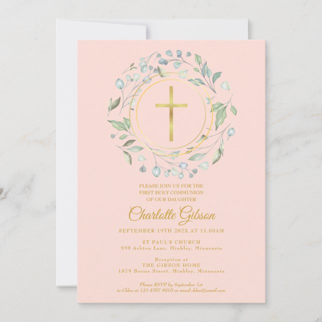 First Holy Communion Greenery Blush Pink Gold Invitation (Front)