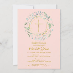 First Holy Communion Greenery Blush Pink Gold Invitation