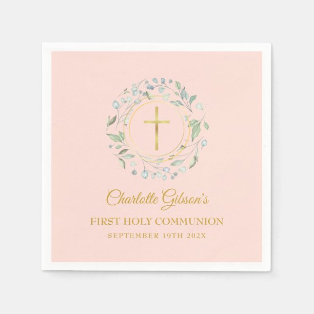 First Holy Communion Greenery Blush Pink Gold Napkin (Front)