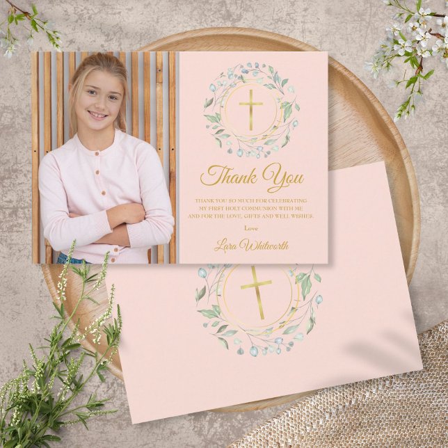 First Holy Communion Greenery Blush Pink Photo Thank You Card (Creator Uploaded)