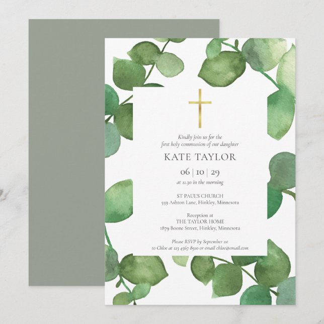 First Holy Communion Greenery Eucalyptus Invitation (Front/Back)