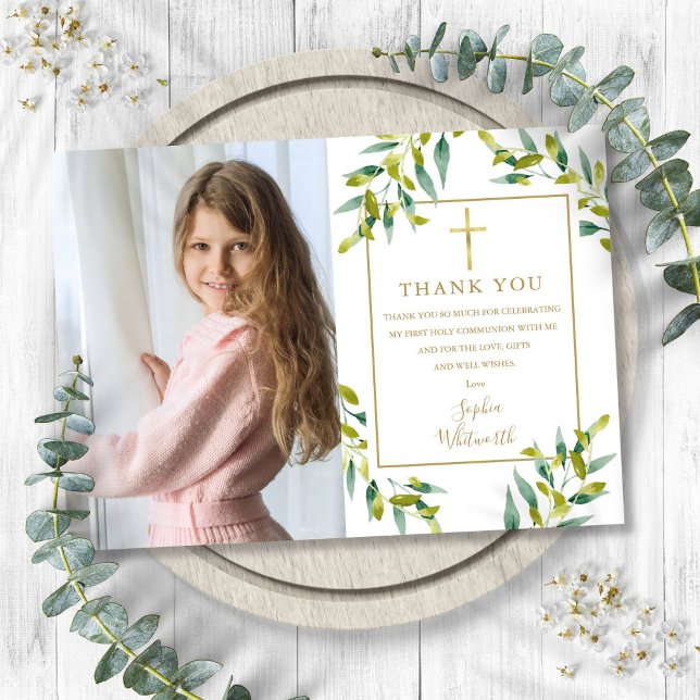 First Holy Communion Greenery Foliage Photo Thank You Card (First Holy Communion Greenery Foliage Photo Thank You Card)