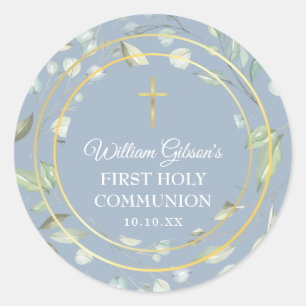 First Holy Communion Greenery Gold Cross Blue Classic Round Sticker