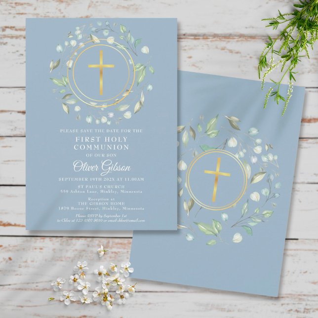 First Holy Communion Greenery Gold Cross Blue Save The Date (Creator Uploaded)