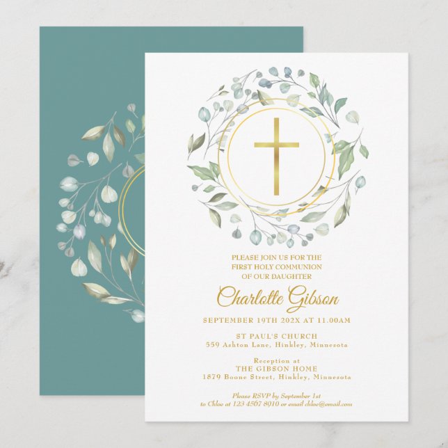 First Holy Communion Greenery Gold Cross Invitation (Front/Back)
