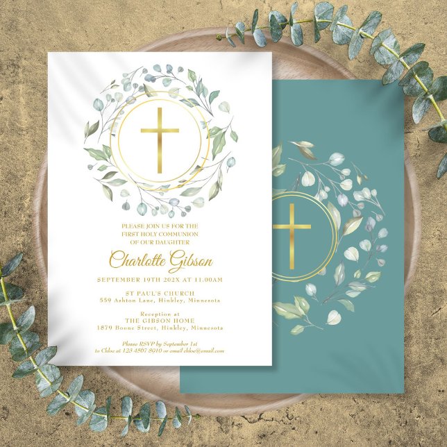 First Holy Communion Greenery Gold Cross Invitation (First Holy Communion Greenery Gold Cross Invitation)