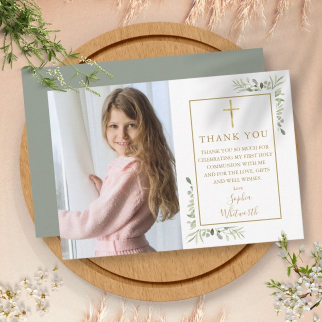 First Holy Communion Greenery Gold Photo Thank You Card (Creator Uploaded)