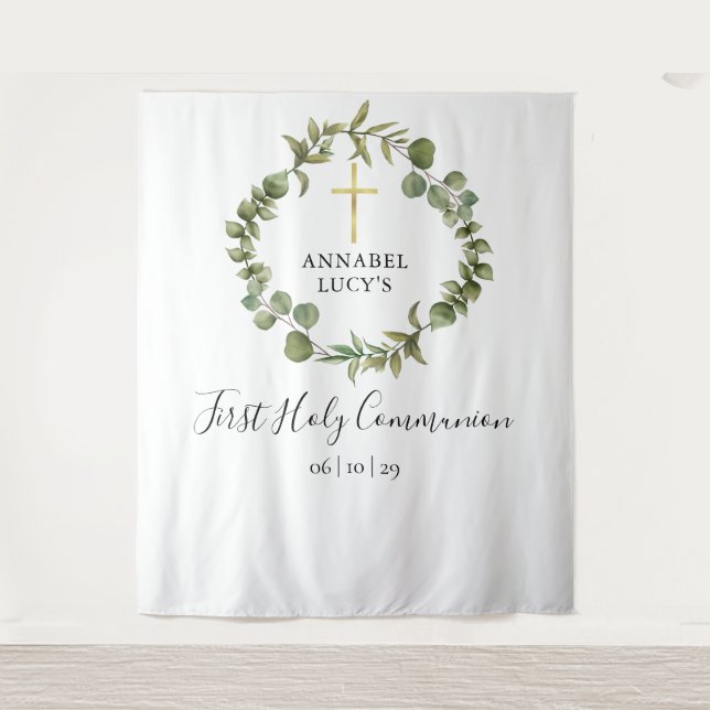 First Holy Communion Greenery Photo Backdrop Tapestry (Front)