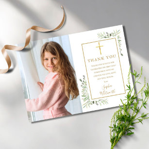 First Holy Communion Greenery Photo Thank You Card