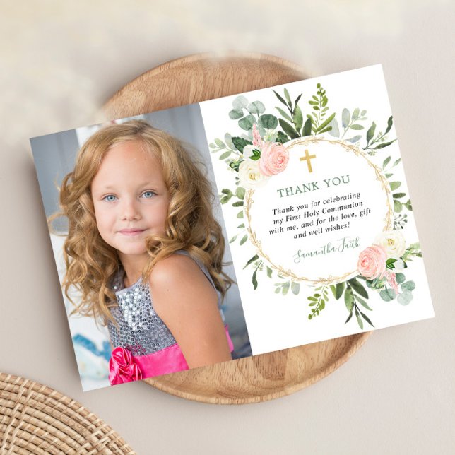 First Holy Communion greenery pink photo thank you Invitation (Creator Uploaded)