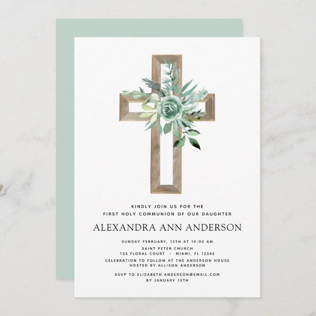 First Holy Communion Greenery Sage Eucalyptus Invi Invitation (Front/Back)