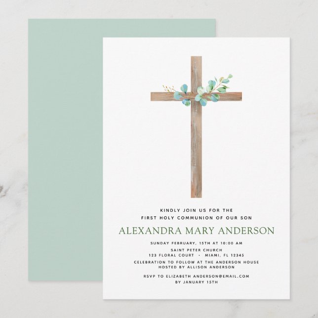 First Holy Communion Greenery Sage Eucalyptus Invi Invitation (Front/Back)