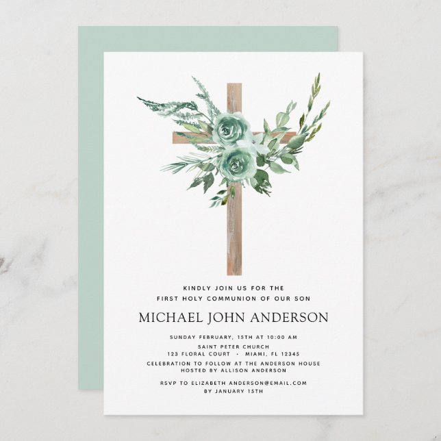 First Holy Communion Greenery Sage Eucalyptus Invi Invitation (Front/Back)