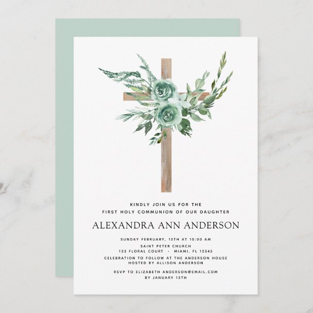 First Holy Communion Greenery Sage Eucalyptus Invi Invitation (Front/Back)