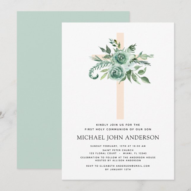 First Holy Communion Greenery Sage Eucalyptus Invi Invitation (Front/Back)