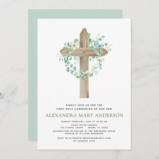 First Holy Communion Greenery Sage Eucalyptus Invitation (Front/Back)