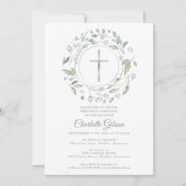 First Holy Communion Greenery Silver Cross Invitation (Front)