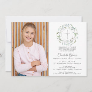 First Holy Communion Greenery Silver Cross Photo Invitation
