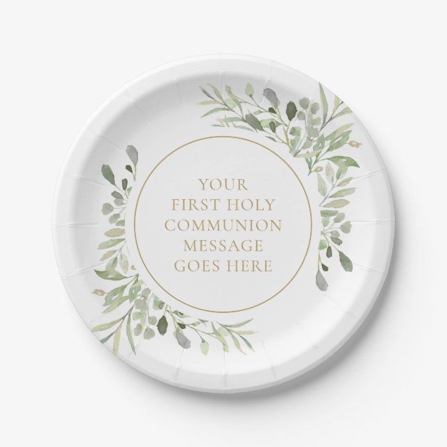 First Holy Communion Greenery Watercolor Gold Paper Plate (Front)
