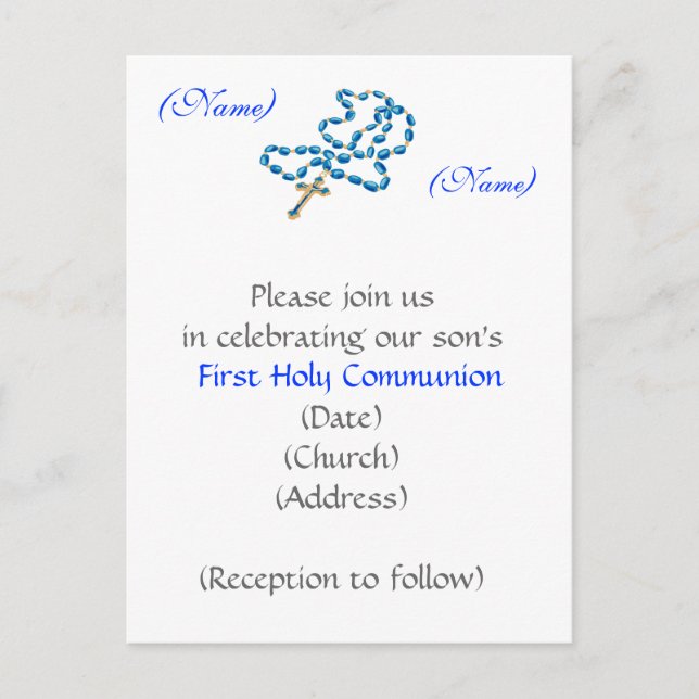First Holy Communion Invitation-Blue Rosary Invitation Postcard (Front)