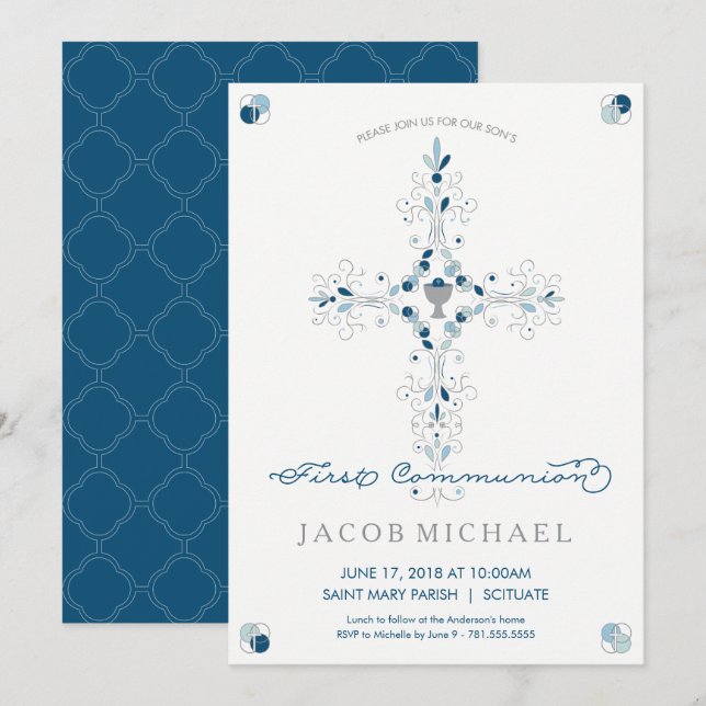 First Holy Communion Invitation Boy's Invite Card (Front/Back)