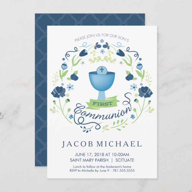 First Holy Communion Invitation Boy's Invite Card (Front/Back)