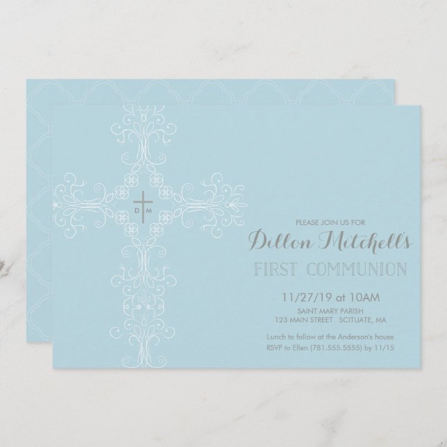 First Holy Communion Invitation - Cross, Initials (Front/Back)