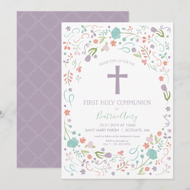 First Holy Communion Invitation, Customise, Floral Invitation (Front/Back)