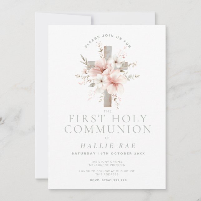 First Holy Communion Invitation, Floral Cross Invitation (Front)