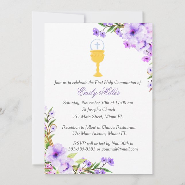 First Holy Communion Invitation Floral Lavender (Front)