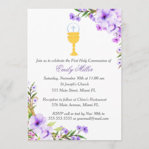 First Holy Communion Invitation Floral Lavender