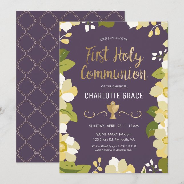 First Holy Communion Invitation, Floral w/ Chalice Invitation (Front/Back)