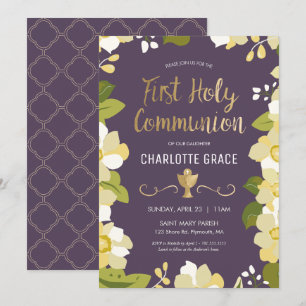 First Holy Communion Invitation, Floral w/ Chalice Invitation