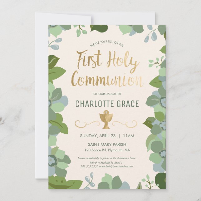 First Holy Communion Invitation, Floral w/ Gold Invitation (Front)