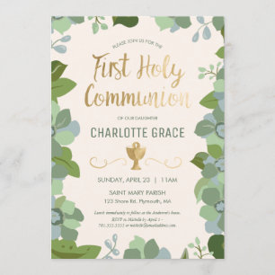 First Holy Communion Invitation, Floral w/ Gold Invitation