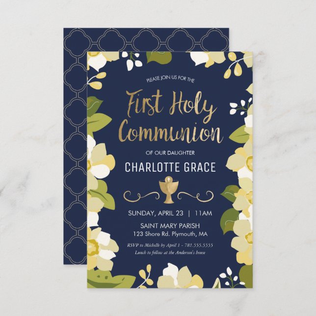 First Holy Communion Invitation, Floral w/ Gold Invitation (Front/Back)