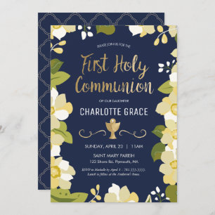 First Holy Communion Invitation, Floral w/ Gold Invitation